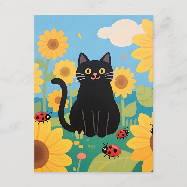 Svarta katt solrosar nyckelpigor vykort (Framsida)