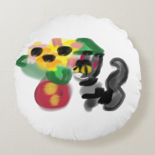 Svarta katt solrosor rund kudde (Framsidan)