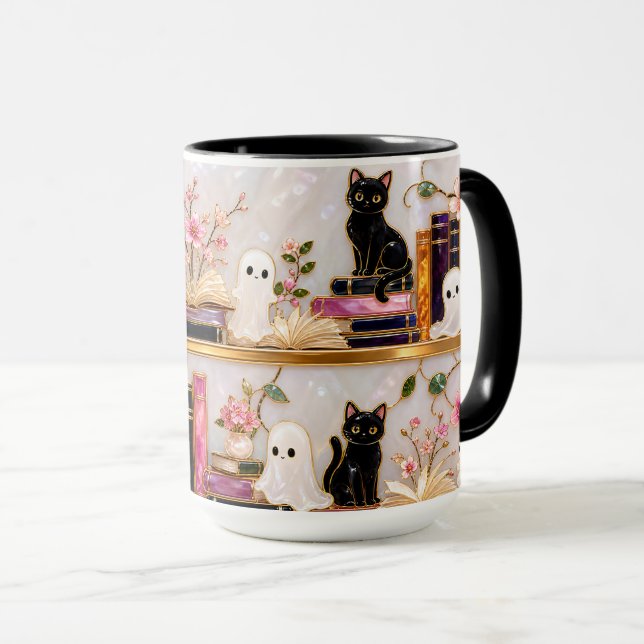 Svarta Katt Spökböcker Mugg Söt Halloweenpresent (Framsida höger)