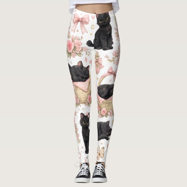 Svarta kattblommiga leggings (Framsida)