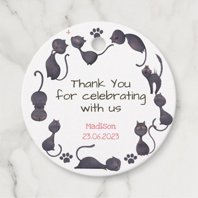 Svarta katten barns födelsedag tack gåvor etiketter (Framsida)