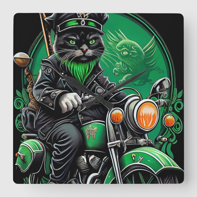 Svarta katten kör cykel St. Patricks dag Fyrkantig Klocka (Framsida)