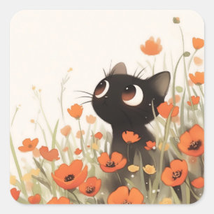 Svarta Katten Poppy Meadow Fyrkantigt Klistermärke