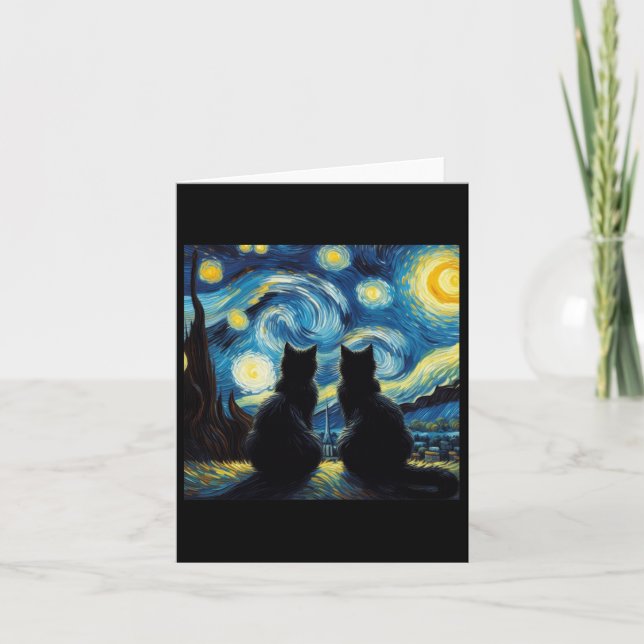 Svarta katter Älskare Starry Night Van Gogh Cat Ma Kort (Framsida)