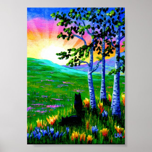 Svarta katter Birch Träd Sunset Creationart Poster (Framsidan)