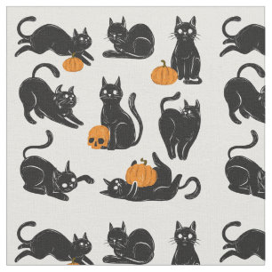 Svarta katter, Halloween, pumpor och Döskallar Tyg