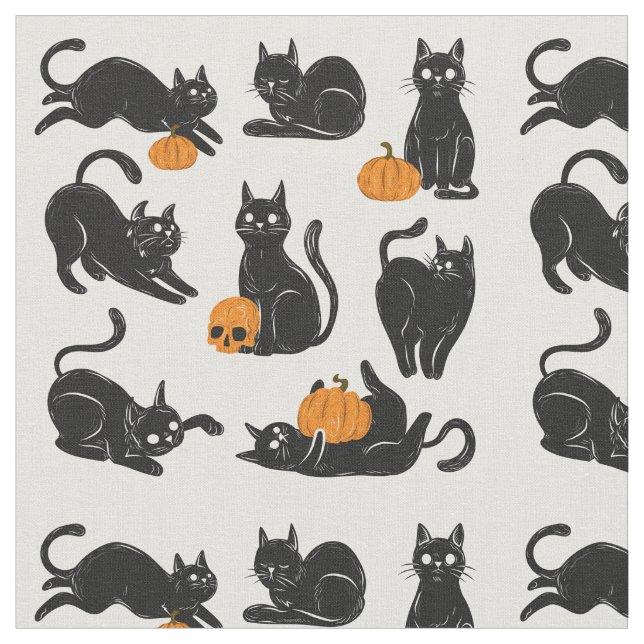 Svarta katter, Halloween, pumpor och Döskallar Tyg (Närbild)