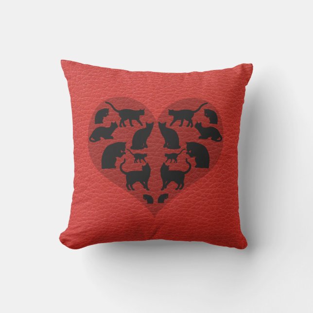 Svarta katter Heart Faux Red Leather Kudde (Framsida)