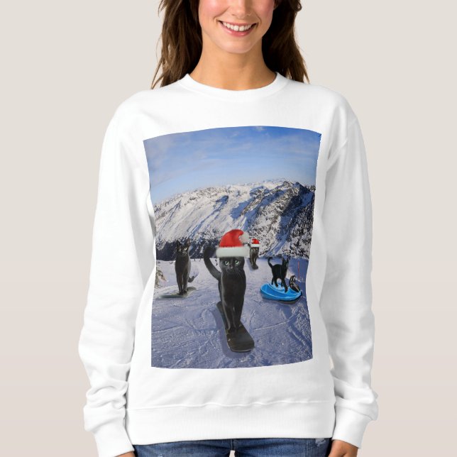 Svarta katter i Santa Hats Snowboarding Äventyr T Shirt (Framsida)