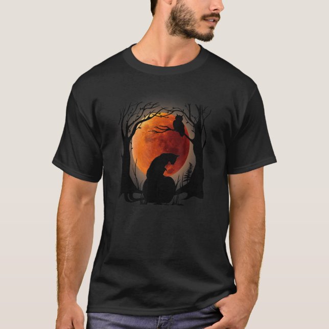 Svarta Katter Måne Pumpa Halloween Skräck T Shirt (Framsida)