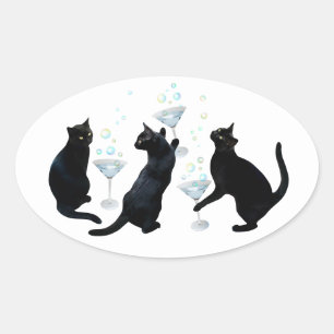 Svarta katter Martinis Stickers Ovalt Klistermärke
