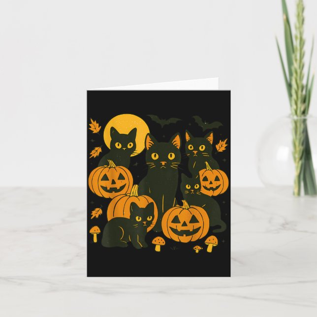 Svarta katter med Jack O Lanterns måne och fladder Kort (Framsida)