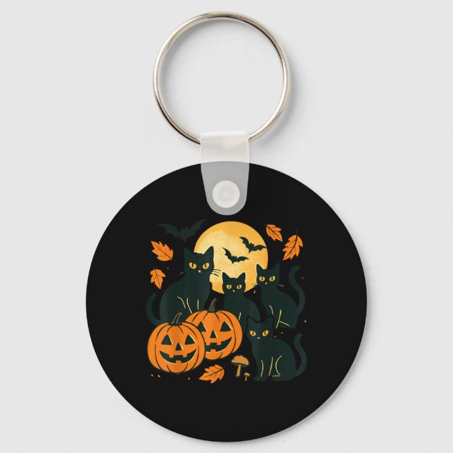 Svarta katter med Jack O Lanterns-måne och fladder Nyckelring (Framsida)