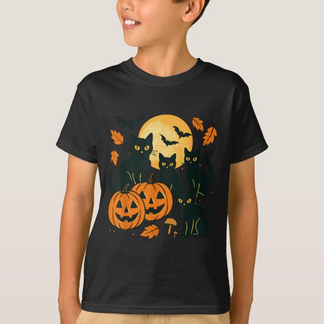 Svarta katter med Jack O Lanterns-måne och fladder T Shirt (Framsida)