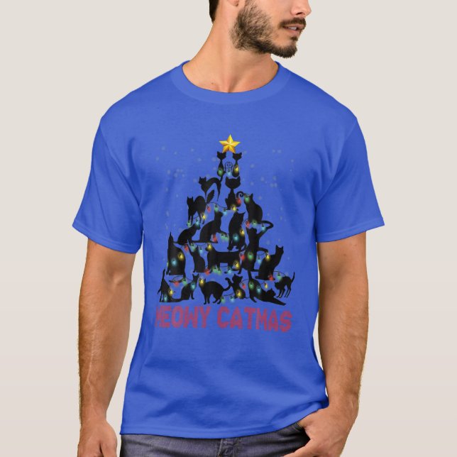 svarta katter Meowy Catmas Julgran Ljus Orna T Shirt (Framsida)