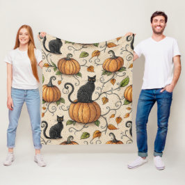 Svarta katter och halloweenmönster med pumpor fleecefilt