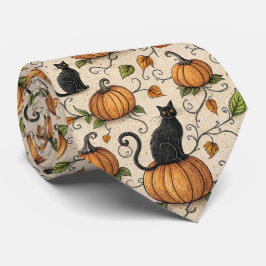 Svarta katter och halloweenmönster med pumpor slips