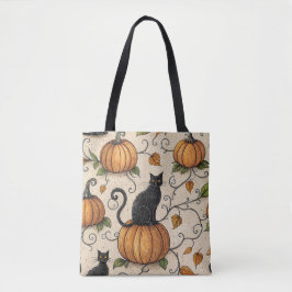 Svarta katter och halloweenmönster med pumpor tygkasse