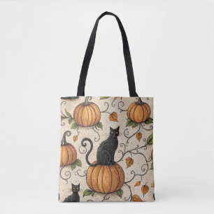 Svarta katter och halloweenmönster med pumpor tygkasse