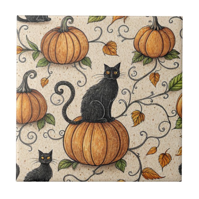 Svarta katter och Pumpkins Halloween Mönster Kakelplatta (Framsidan)