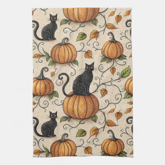 Svarta katter och Pumpkins Halloween Mönster Kökshandduk (Vertikal)