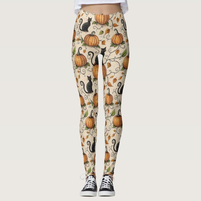 Svarta katter och pumpor Halloween-mönster Leggings (Framsida)
