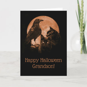 Svarta katter och Raven Grandson Halloween Kort