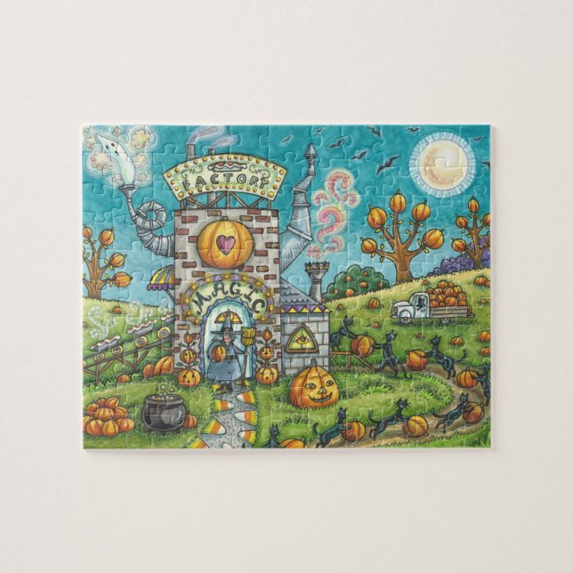 SVARTA KATTER OCH WITCH, PUMPKIN PAJ FACTORY PUZZL PUSSEL (Horisontell)