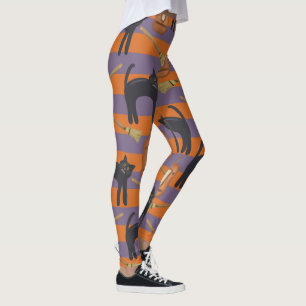 Svarta katter, Orange och Lila Halloween Leggings