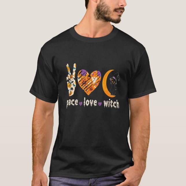 Svarta katter Peace Kärlek Witch Haloween T Shirt (Framsida)