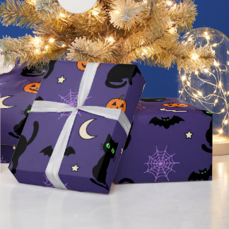 Svarta Katter Pumpa Fladdermöss Lila Halloween-ins Presentpapper