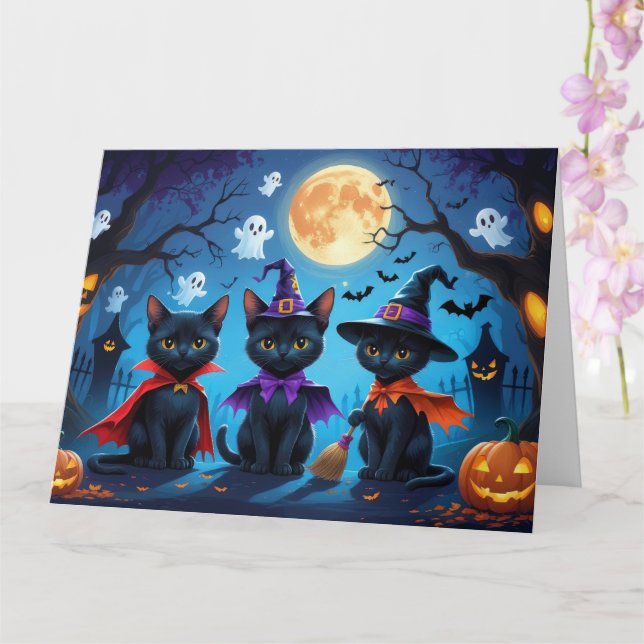 Svarta katter Pumpkin Halloween Funny Kort (Orkide)