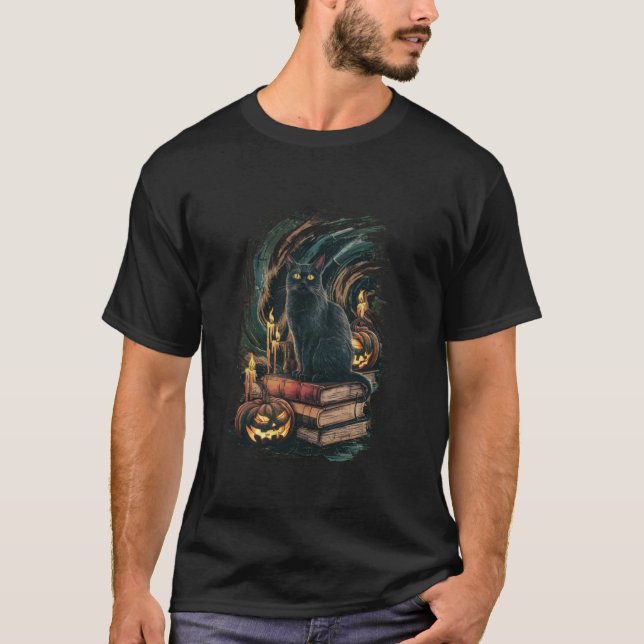 Svarta katter Reading Bokar Teacher Retro Hallowee T Shirt (Framsida)