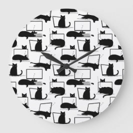 Svarta katter Sitta på bärbara datorer Mönster Stor Klocka