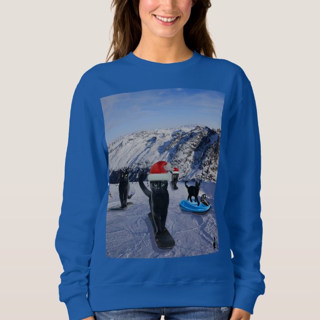 Svarta katter Snowboarding (jul) T Shirt (Framsida)