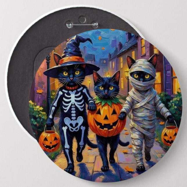 Svarta katter som söker godis på Halloween Knapp (Framsida & baksida)