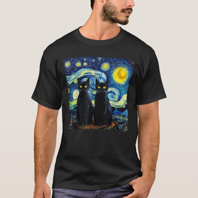 Svarta katter Starry Night Vincent van Gogh T Shirt (Framsida)