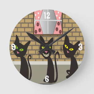 Svarta katter Whimsical Clock Rund Klocka