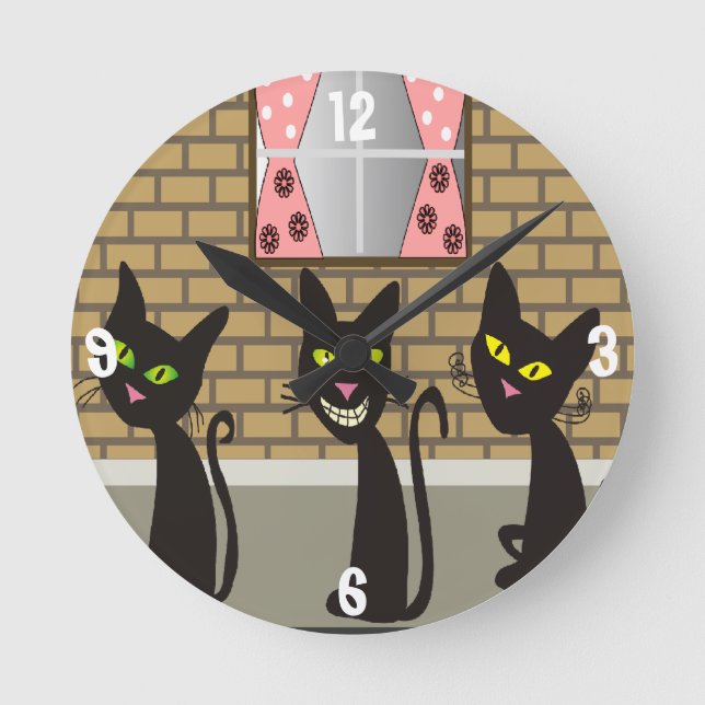 Svarta katter Whimsical Clock Rund Klocka (Framsida)