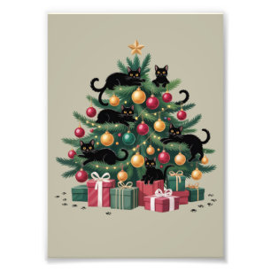 Svarta katters julgran Kattälskare Xmas-ljus Fototryck