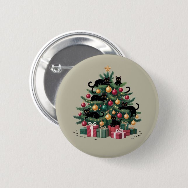Svarta katters julgran Kattälskare Xmas-ljus Knapp (Framsida & baksida)