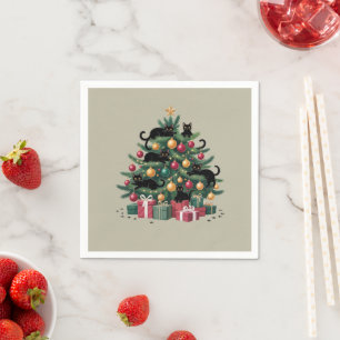Svarta katters julgran Kattälskare Xmas-ljus Pappersservett