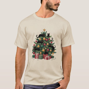 Svarta katters julgran Kattälskare Xmas-ljus T Shirt
