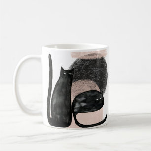 Svarta katters minimalistiska illustration, katt m kaffemugg