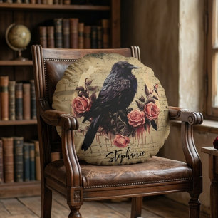 Svarta Kråkans Vintage Rosor, Mörka Goth Kråka Blo Rund Kudde