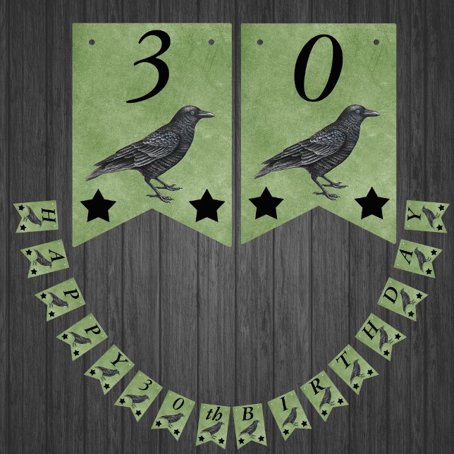 Svarta kråkor Svarta stjärnor på Grunge grön födel Vimplar (Standing black crow with two black stars on Gothic themed happy birthday bunting flag decoration.)