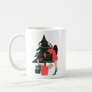 Svarta kvinnor som dekorerar Julgran-kaffe Mugg
