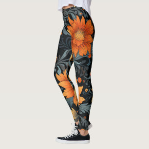 Svarta leggings med livfulla orange blommor