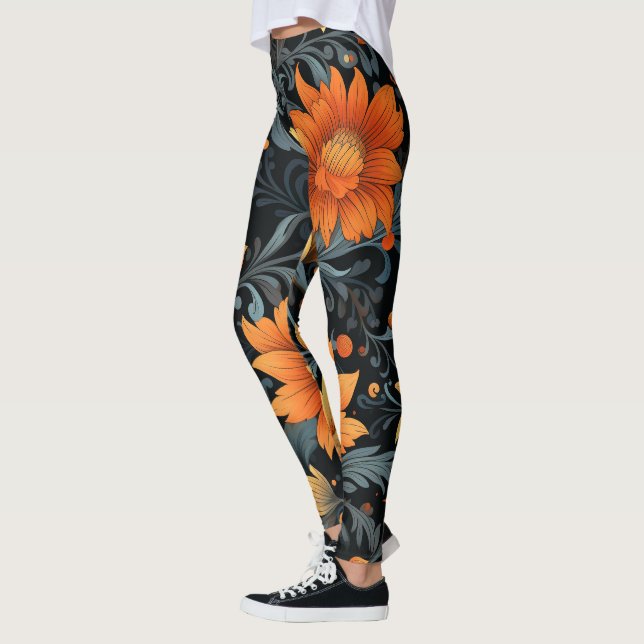 Svarta leggings med livfulla orange blommor (Vänster)