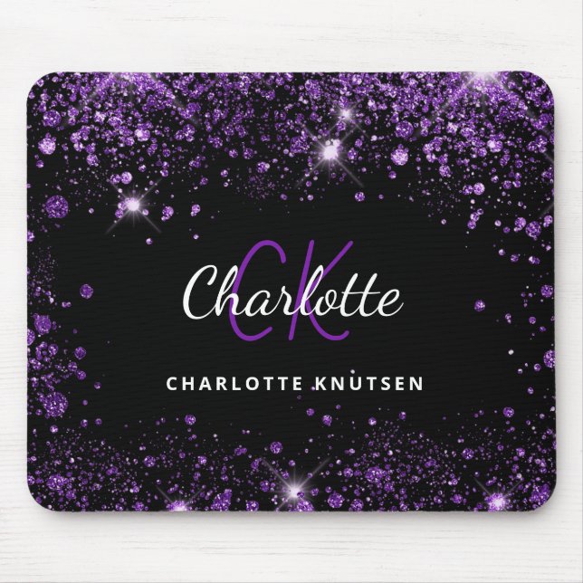 Svarta lila glitter monogram initails namn musmatta (Framsidan)